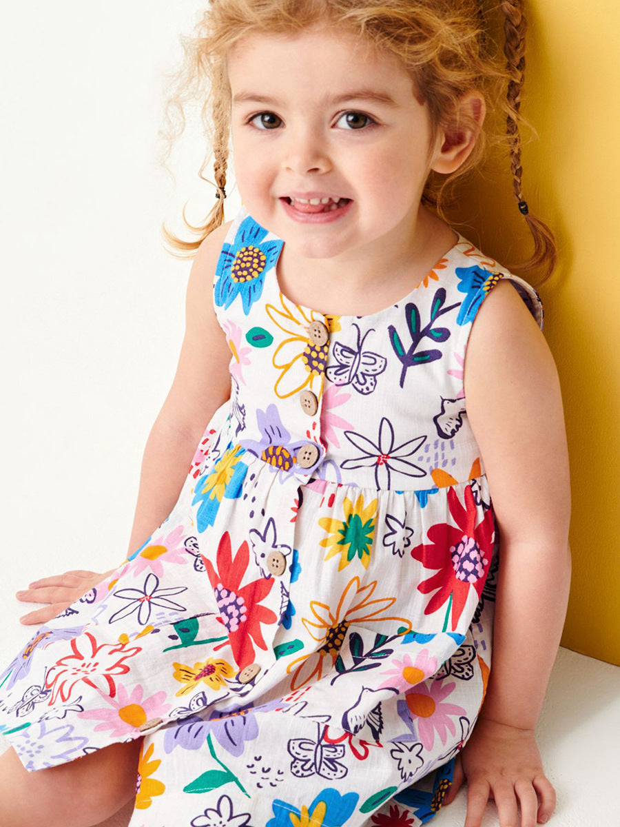 A beautiful summer dress for girls featuring a colorful floral pattern, made of soft cotton, perfect for warm weather and special occasions.