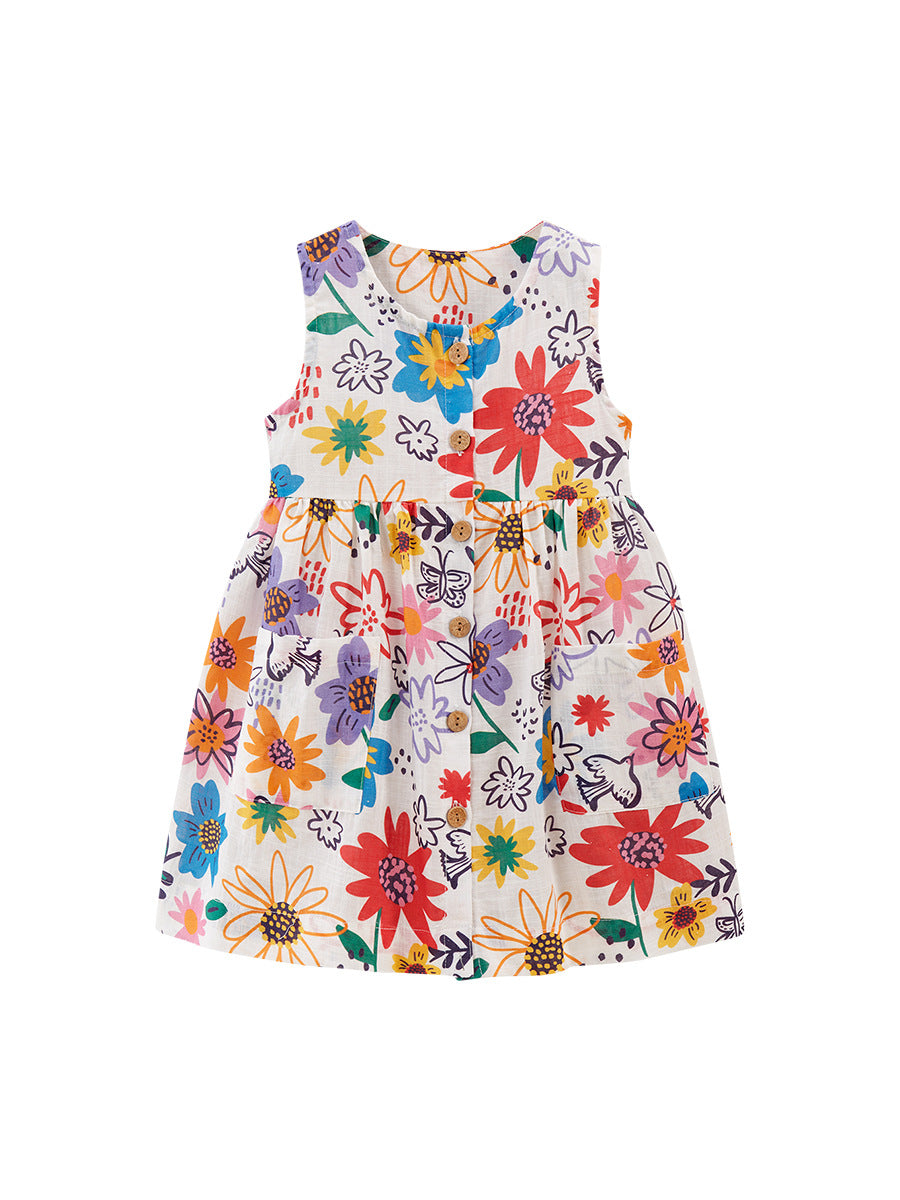 A beautiful summer dress for girls featuring a colorful floral pattern, made of soft cotton, perfect for warm weather and special occasions.