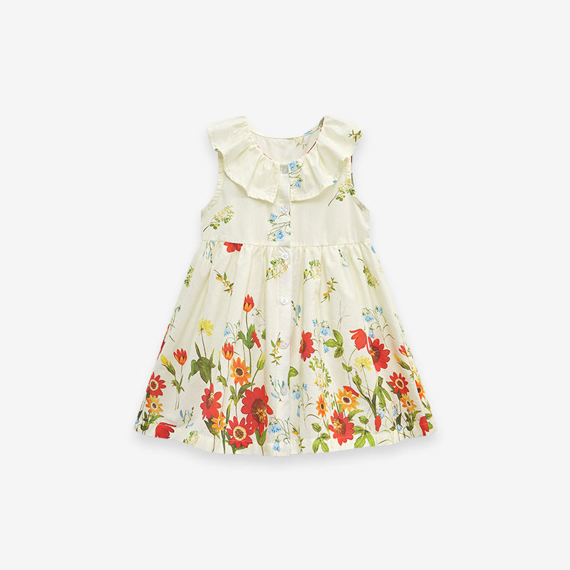 A beige sleeveless dress with a floral pattern, perfect for summer wear for girls.