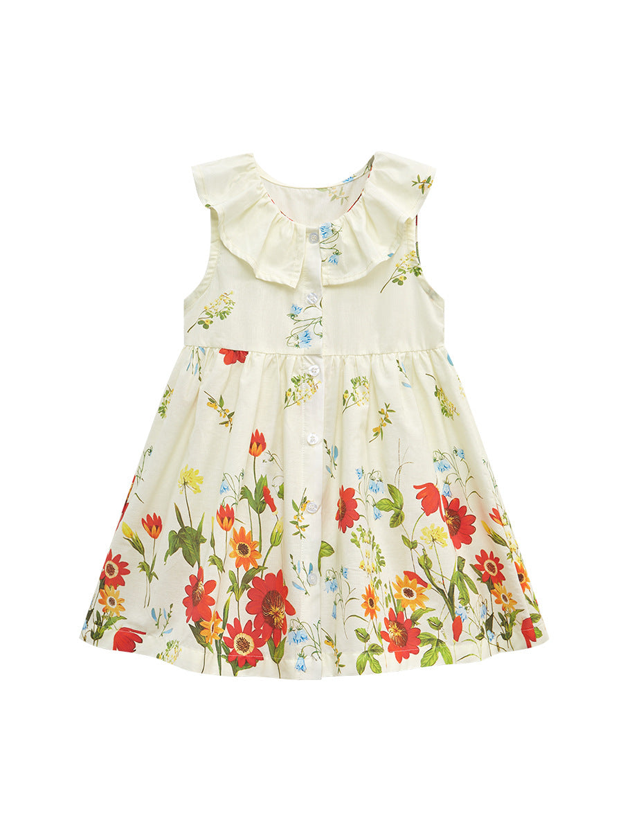 A beige sleeveless dress with a floral pattern, perfect for summer wear for girls.