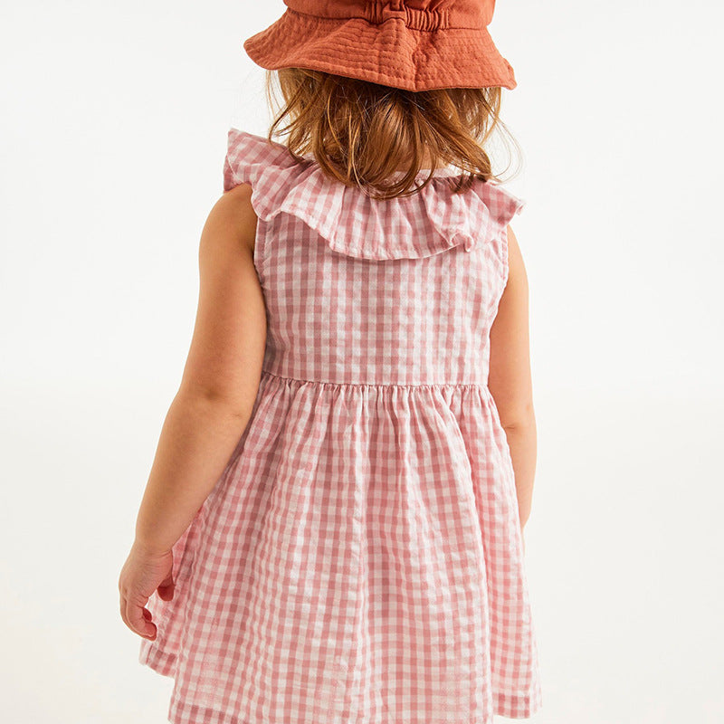 A pink sleeveless dress for girls featuring a plaid and cartoon mushroom house pattern, perfect for summer wear.