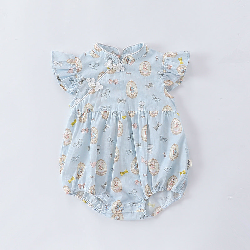 A cute summer dress for baby girls featuring a rabbits print, fly sleeves, and a stand collar in pink and blue colors.