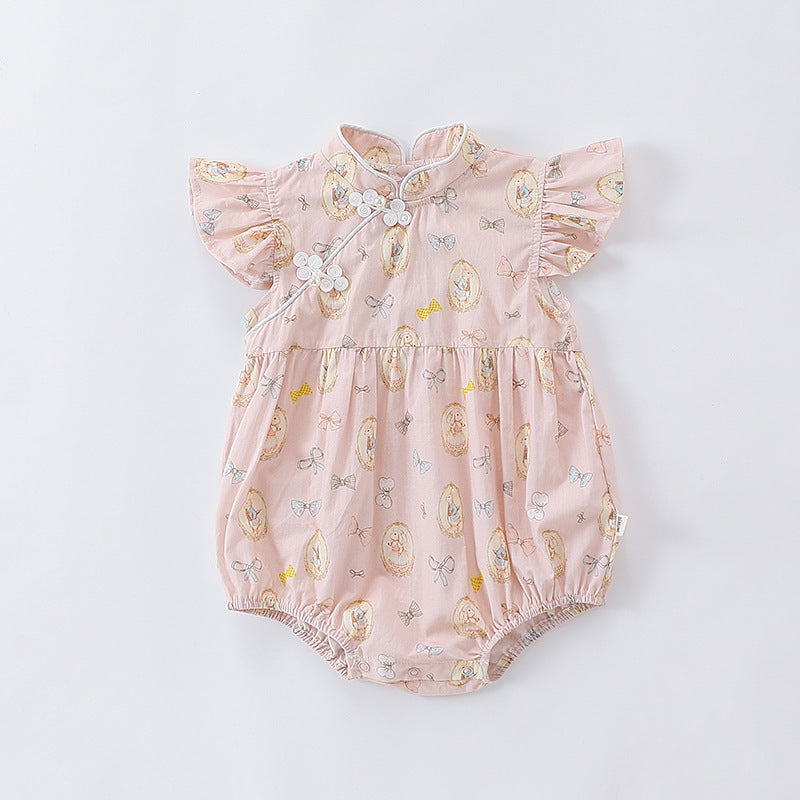 A cute summer dress for baby girls featuring a rabbits print, fly sleeves, and a stand collar in pink and blue colors.