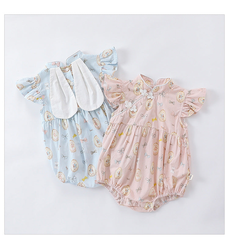 A cute summer dress for baby girls featuring a rabbits print, fly sleeves, and a stand collar in pink and blue colors.