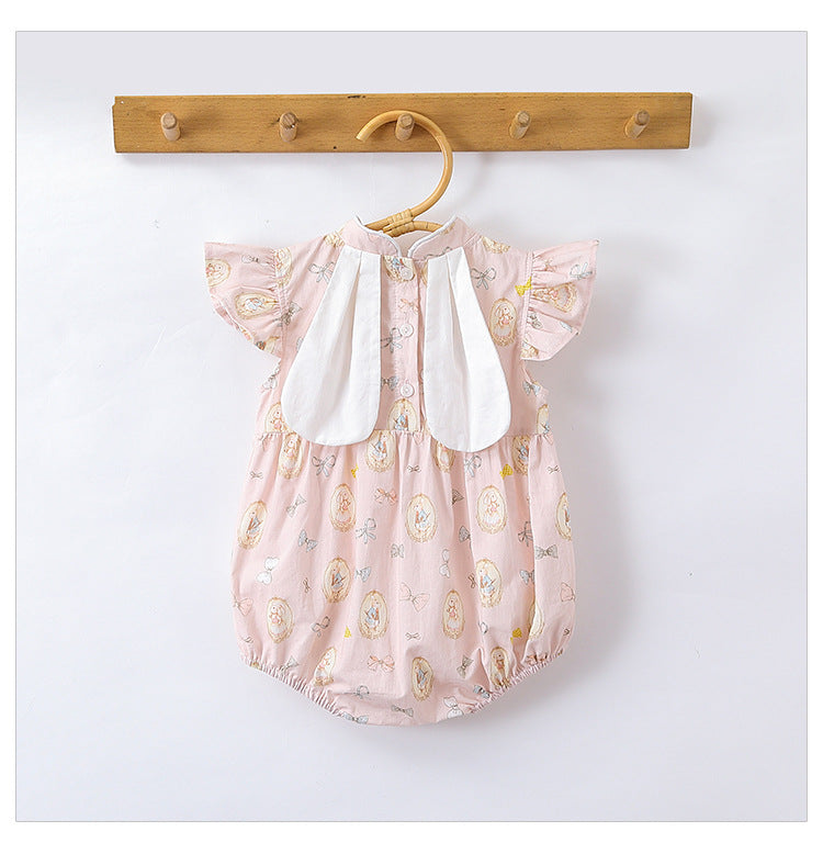 A cute summer dress for baby girls featuring a rabbits print, fly sleeves, and a stand collar in pink and blue colors.