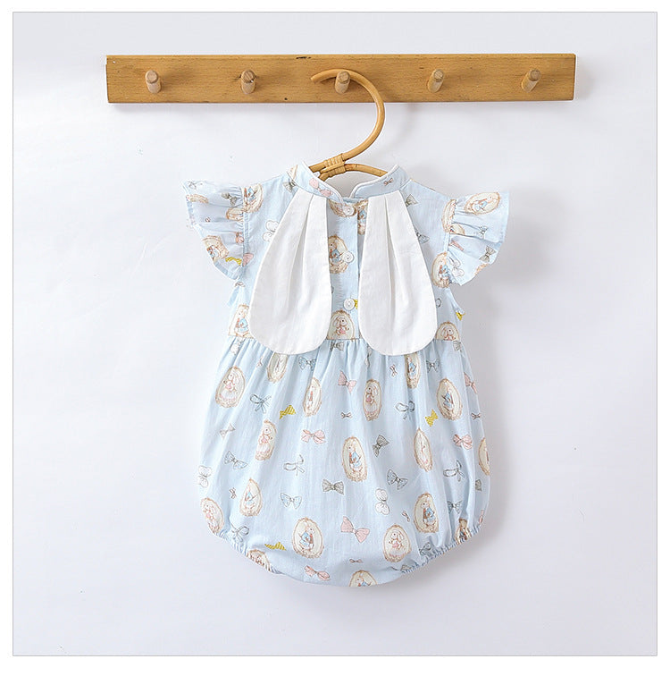 A cute summer dress for baby girls featuring a rabbits print, fly sleeves, and a stand collar in pink and blue colors.