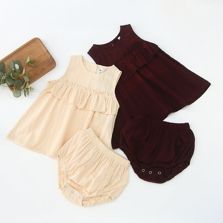 Summer Hot Selling Baby Girls Sleeveless Pleated Solid Color Top Vest in beige and brown, made from soft cotton, perfect for warm weather.