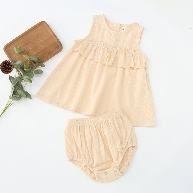 Summer Hot Selling Baby Girls Sleeveless Pleated Solid Color Top Vest in beige and brown, made from soft cotton, perfect for warm weather.