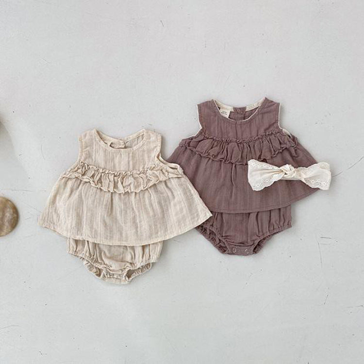 Summer Hot Selling Baby Girls Sleeveless Pleated Top in beige and brown colors, made from soft cotton, perfect for warm weather.