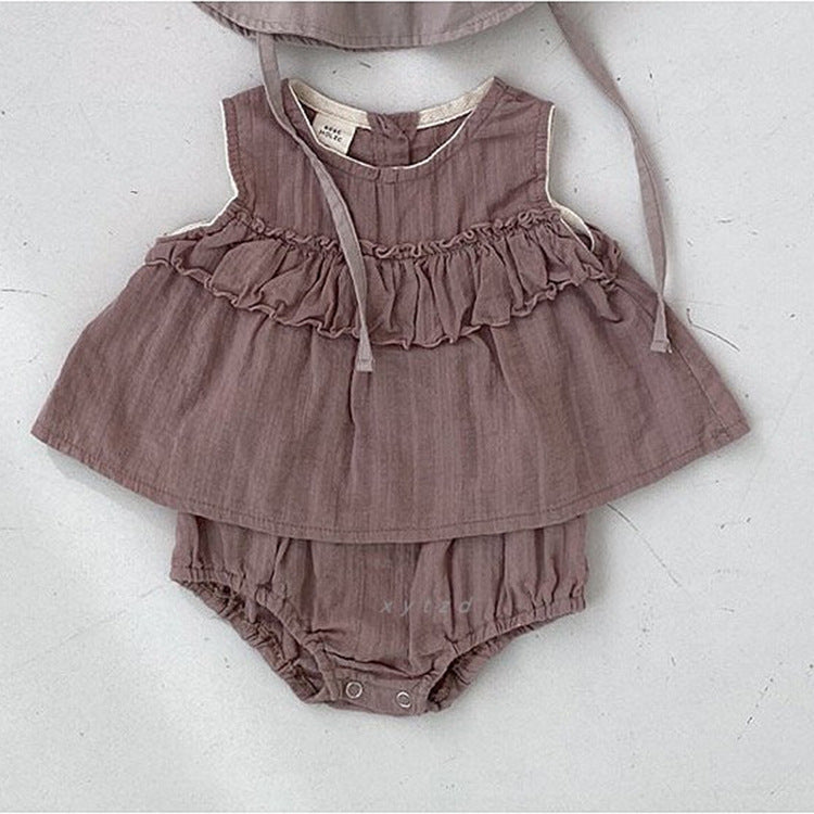 Summer Hot Selling Baby Girls Sleeveless Pleated Top in beige and brown colors, made from soft cotton, perfect for warm weather.