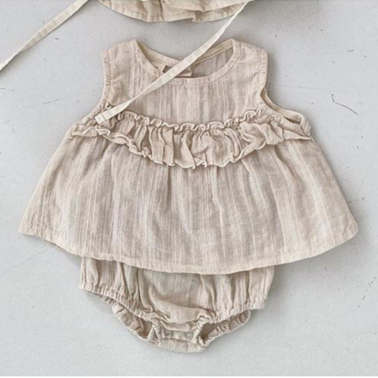 Summer Hot Selling Baby Girls Sleeveless Pleated Top in beige and brown colors, made from soft cotton, perfect for warm weather.