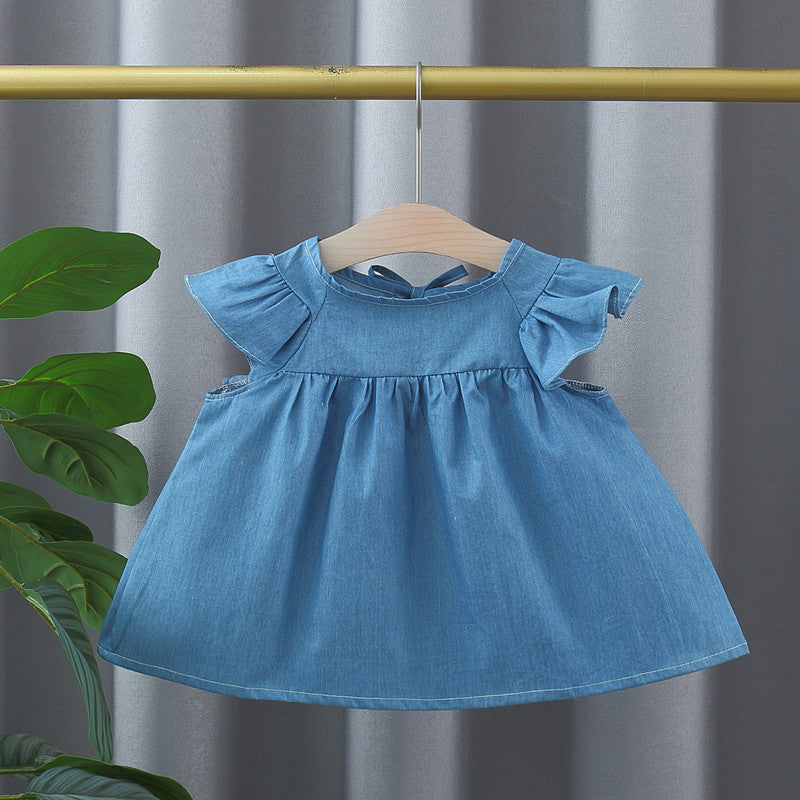 A stylish blue summer top for baby girls featuring fly sleeves and a crew neck design, made from soft cotton and denim material.