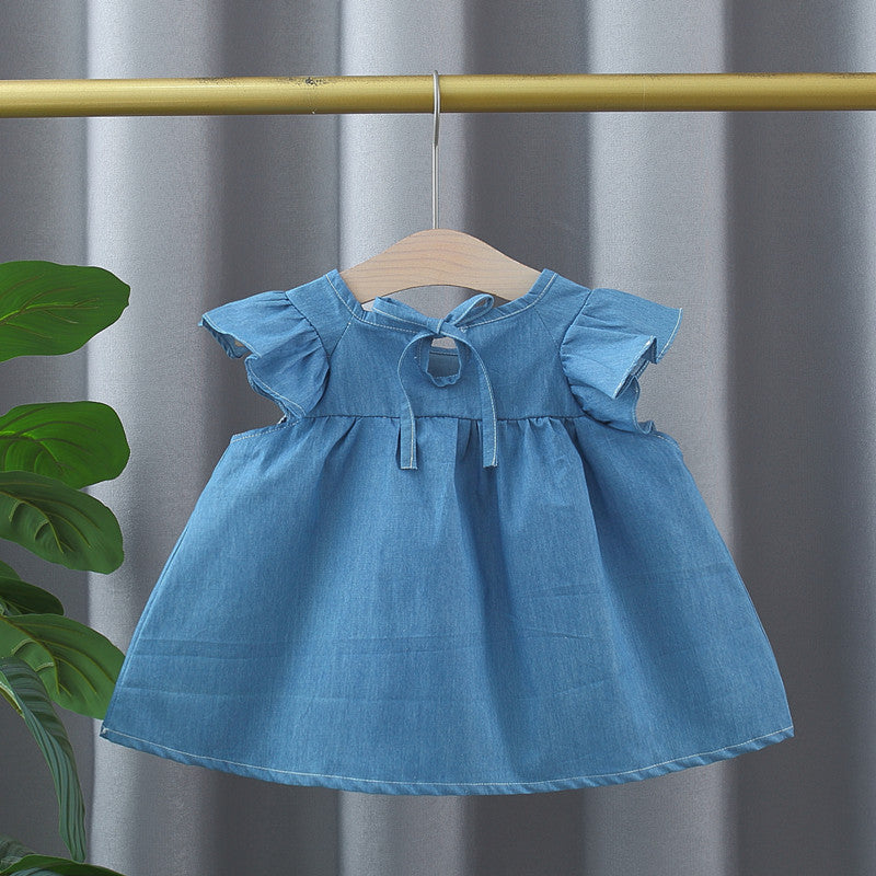 A stylish blue summer top for baby girls featuring fly sleeves and a crew neck design, made from soft cotton and denim material.