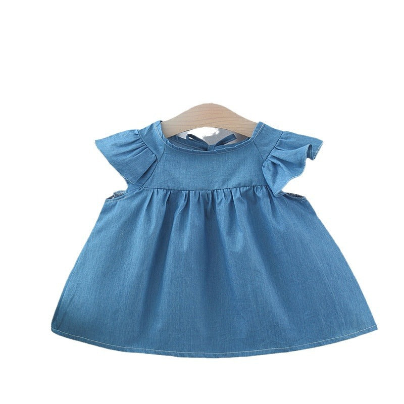 A stylish blue summer top for baby girls featuring fly sleeves and a crew neck design, made from soft cotton and denim material.