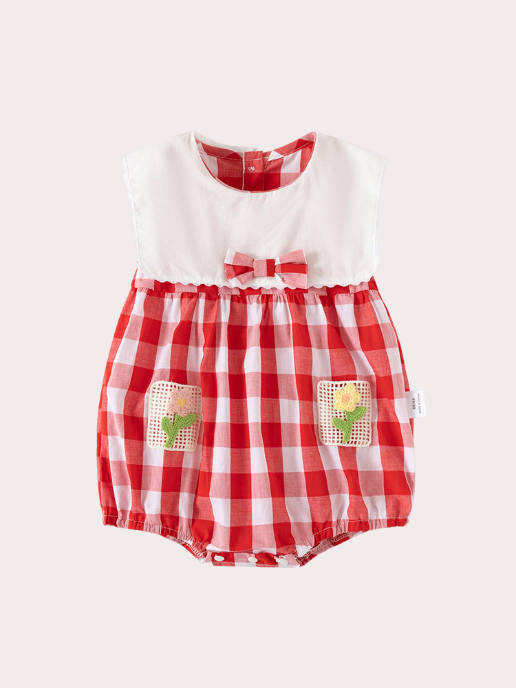 A vibrant red sleeveless crew neck top for baby girls, made from soft cotton, featuring stylish plaid and patchwork patterns.