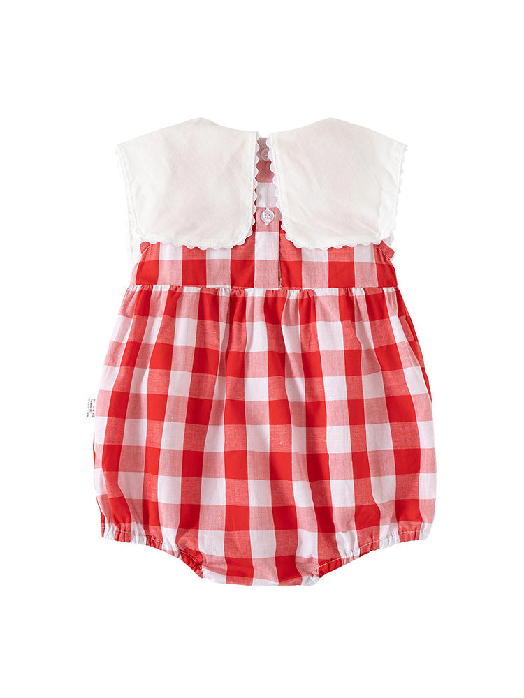 A vibrant red sleeveless crew neck top for baby girls, made from soft cotton, featuring stylish plaid and patchwork patterns.