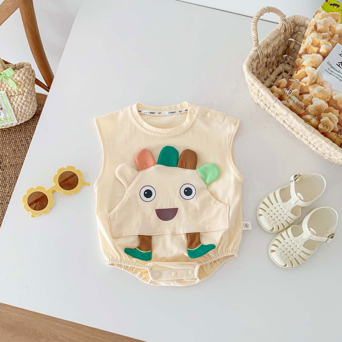 A beige sleeveless crew neck top for babies, made of thin cotton with a cartoon pattern, suitable for summer wear.