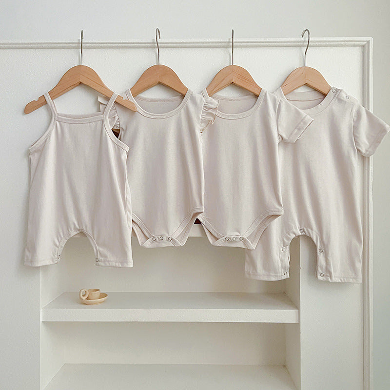 Summer Hot Selling Baby Unisex Solid Color Onesies in White, Khaki, Ivory, and Beige, made from soft cotton for infants.