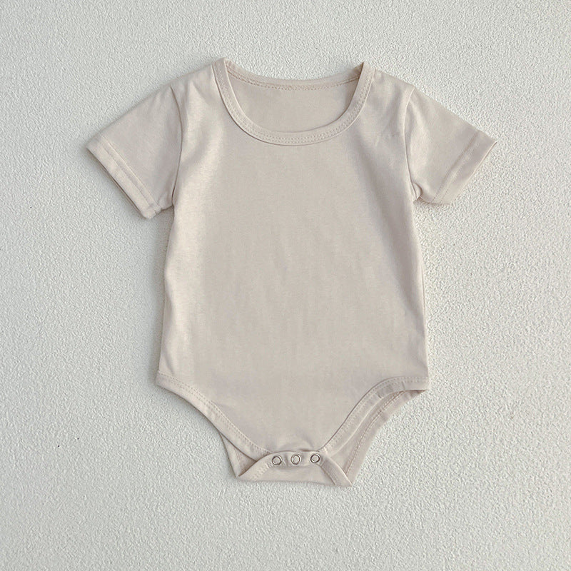 Summer Hot Selling Baby Unisex Solid Color Onesies in White, Khaki, Ivory, and Beige, made from soft cotton for infants.