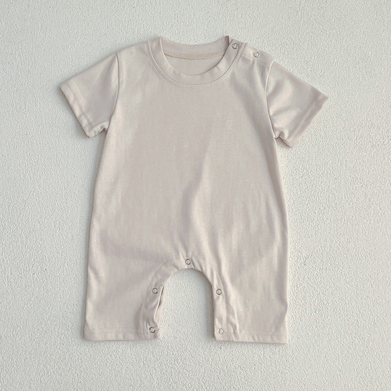 Summer Hot Selling Baby Unisex Solid Color Onesies in White, Khaki, Ivory, and Beige, made from soft cotton for infants.