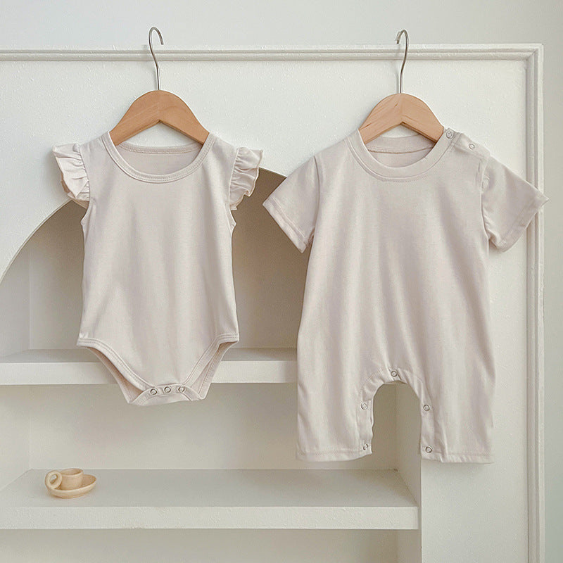 Summer Hot Selling Baby Unisex Solid Color Onesies in White, Khaki, Ivory, and Beige, made from soft cotton for infants.