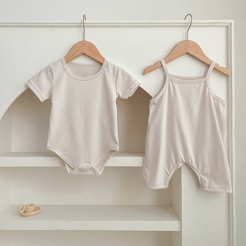 Summer Hot Selling Baby Unisex Solid Color Onesies in White, Khaki, Ivory, and Beige, made from soft cotton for infants.