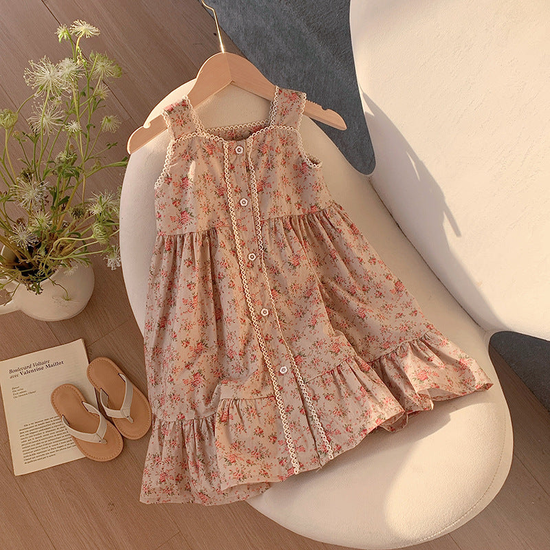 A charming pink vintage floral dress for girls, featuring a sleeveless design and single-breasted front, perfect for summer outings.