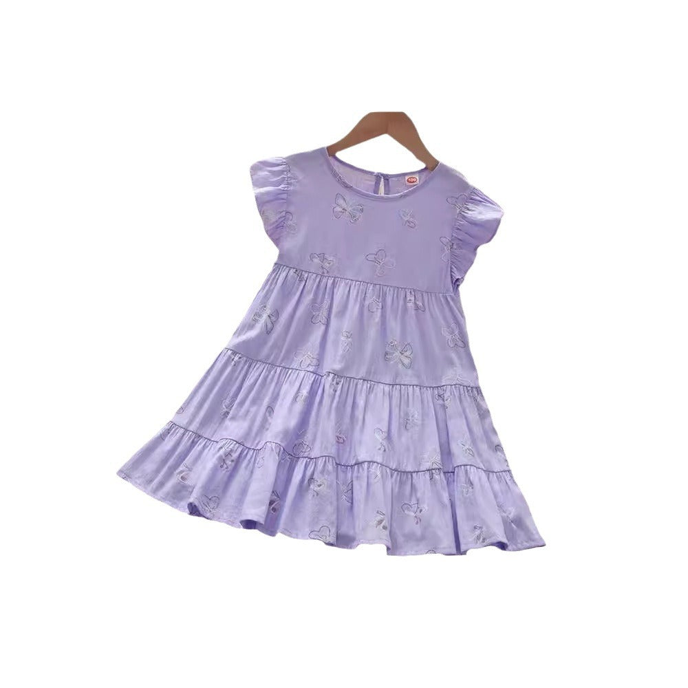 A vibrant purple summer dress for girls featuring fly sleeves and a butterfly print, perfect for warm weather outings.