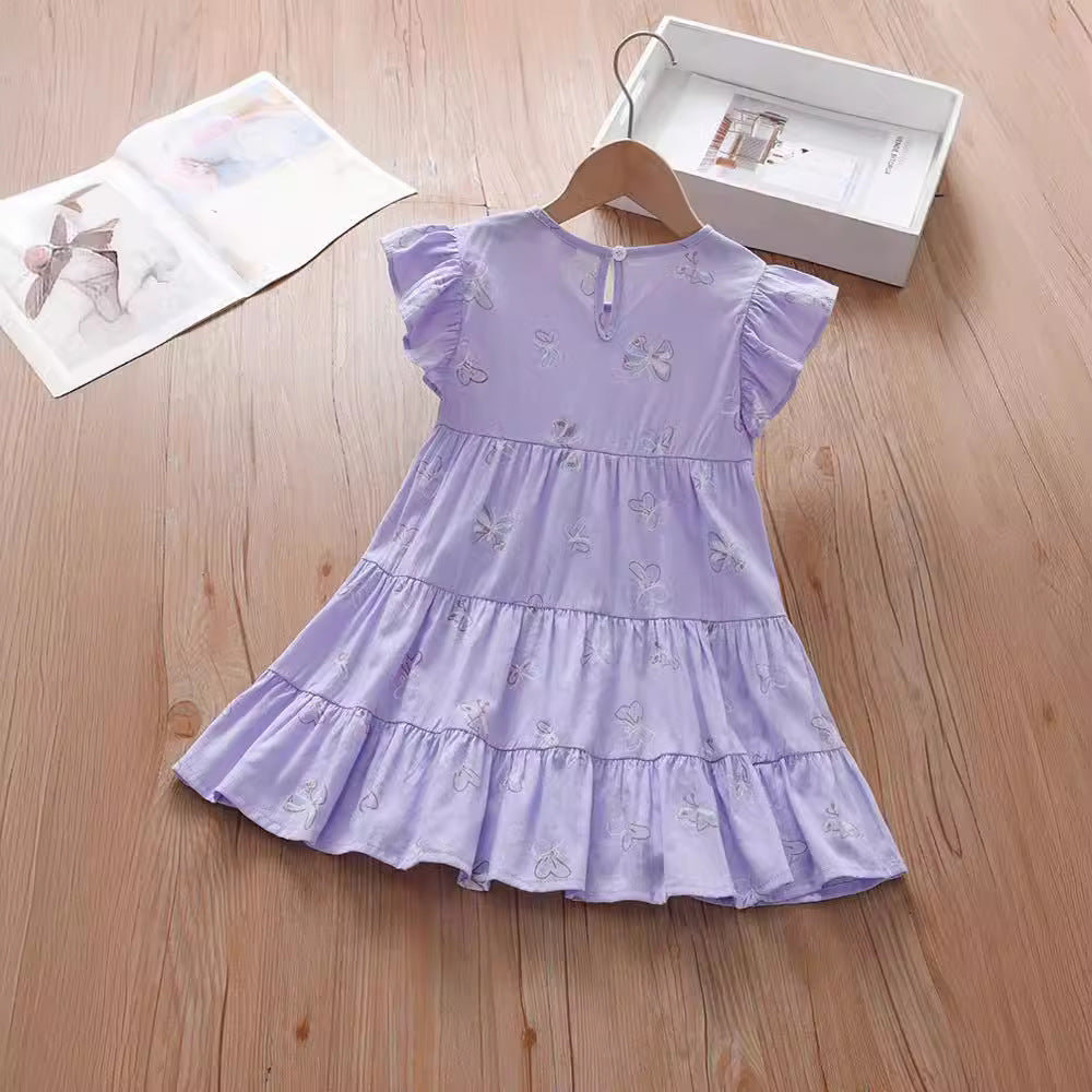 A vibrant purple summer dress for girls featuring fly sleeves and a butterfly print, perfect for warm weather outings.