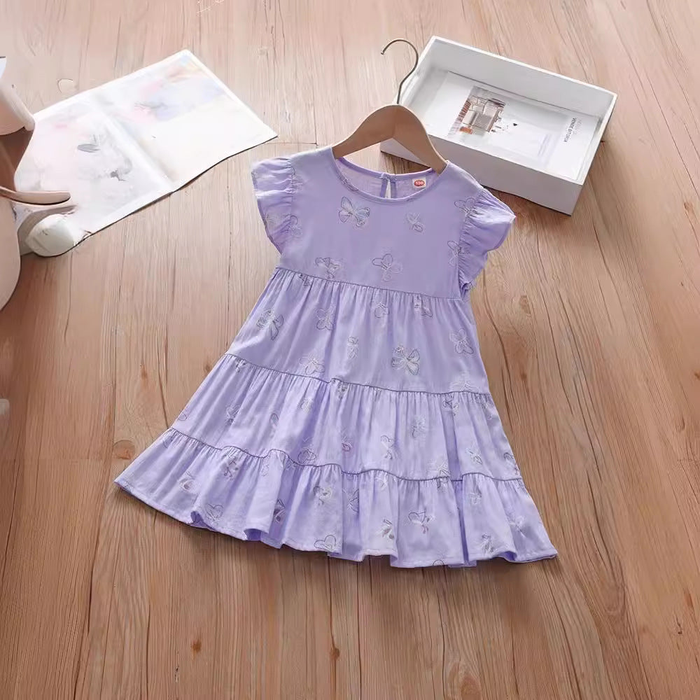 A vibrant purple summer dress for girls featuring fly sleeves and a butterfly print, perfect for warm weather outings.