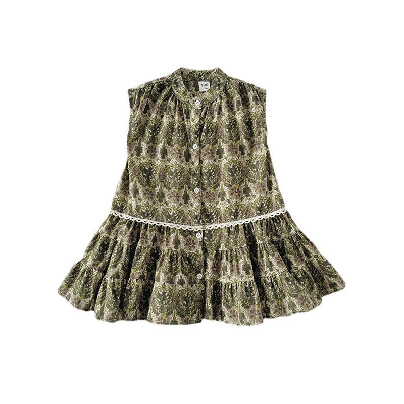 A vibrant green sleeveless vintage style dress for girls, featuring a floral pattern and single-breasted design, perfect for summer wear.