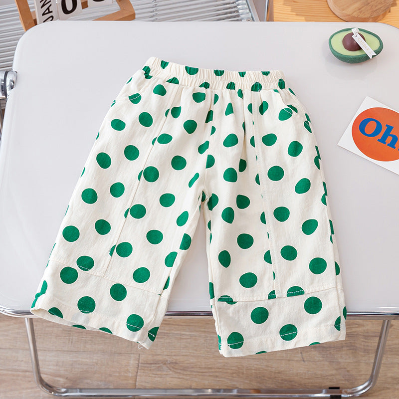 Summer Kids Girls Casual Pants featuring a soft, breathable fabric with a playful polka dots pattern in pink, green, and coffee colors.