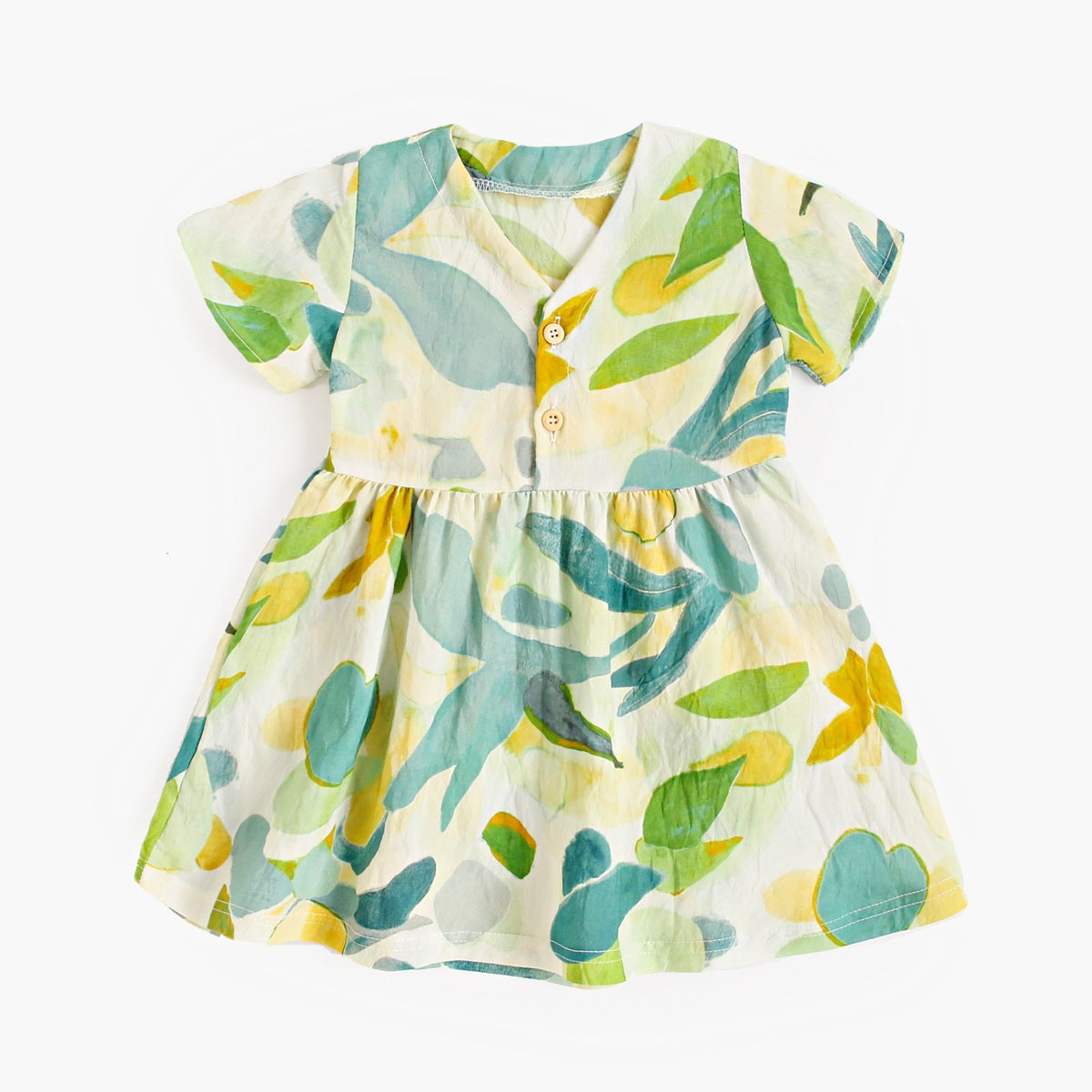 Summer New Arrival Baby Girls Casual Leaves Print Short Sleeves V Neck in green and orange, made from soft cotton blend, perfect for summer outings.