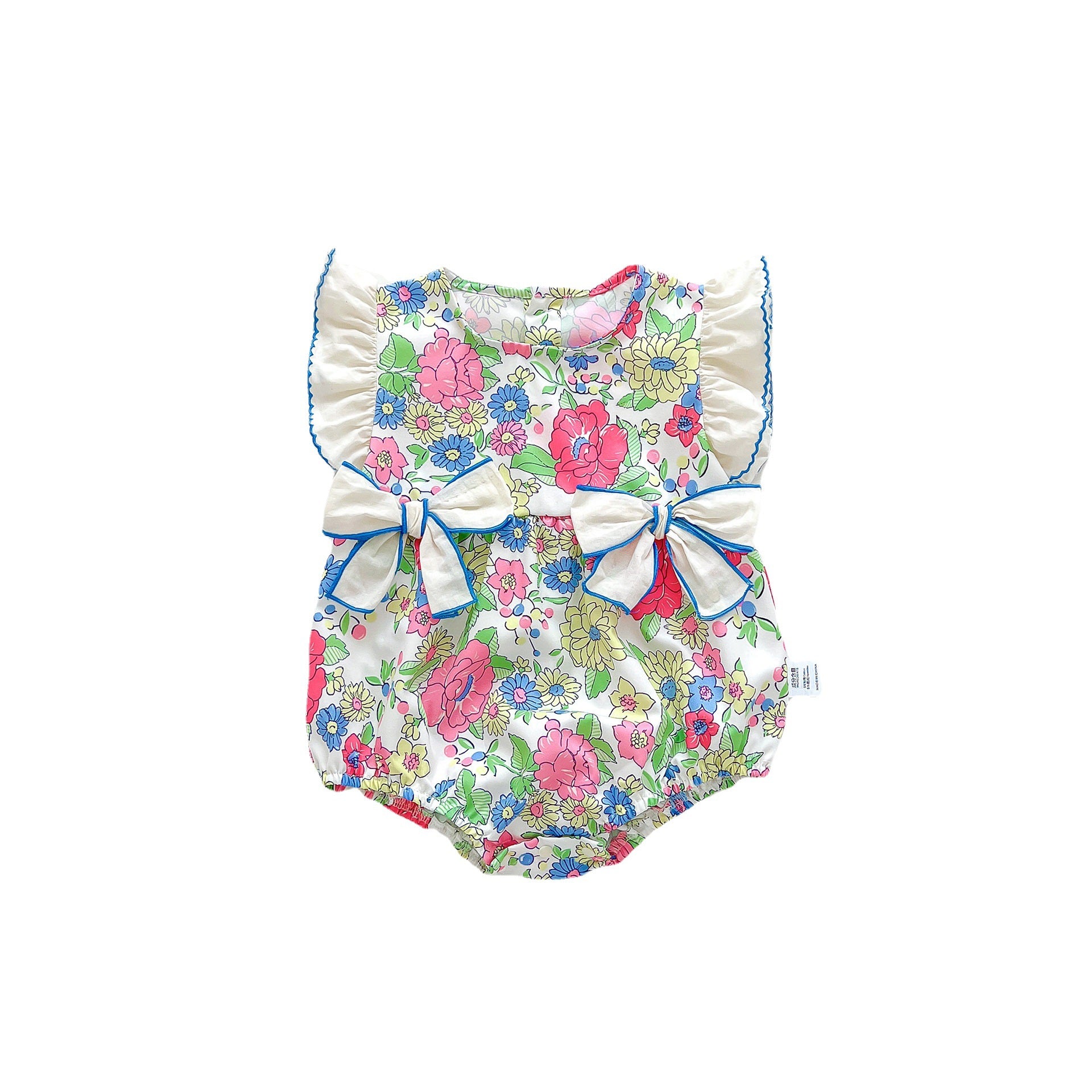 Baby girl wearing a blue floral dress with fly sleeves and 3D bows, perfect for summer.