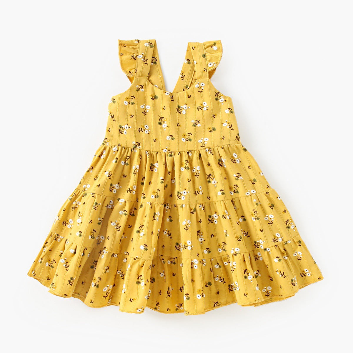 A beautiful baby girls' summer dress featuring a floral pattern and princess straps in white, yellow, and apricot colors.