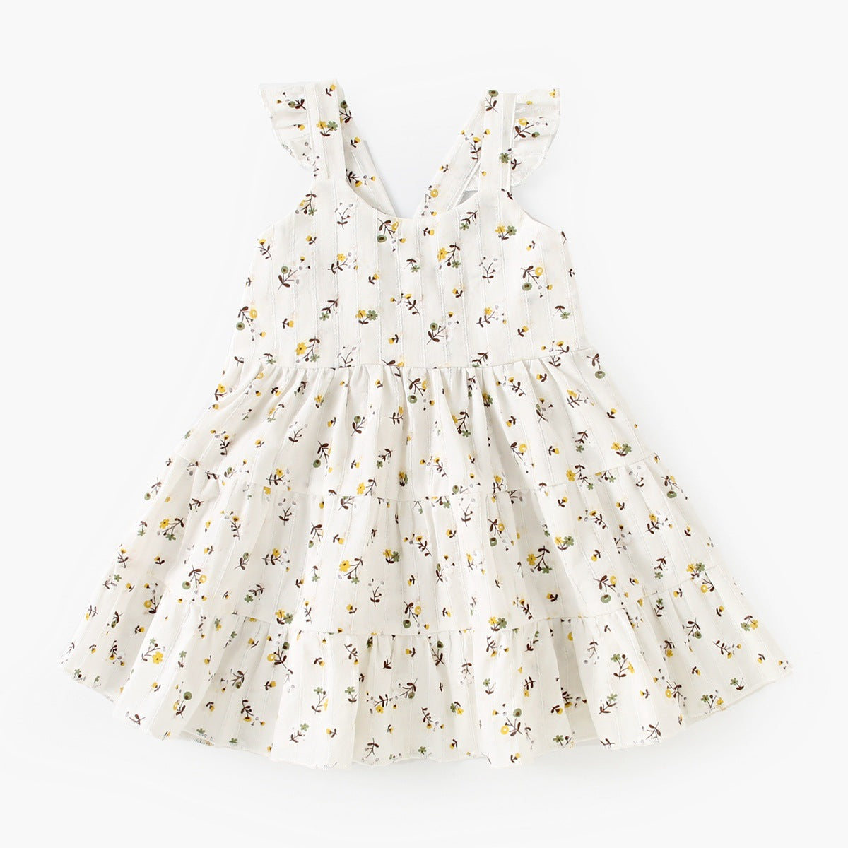 A beautiful baby girls' summer dress featuring a floral pattern and princess straps in white, yellow, and apricot colors.