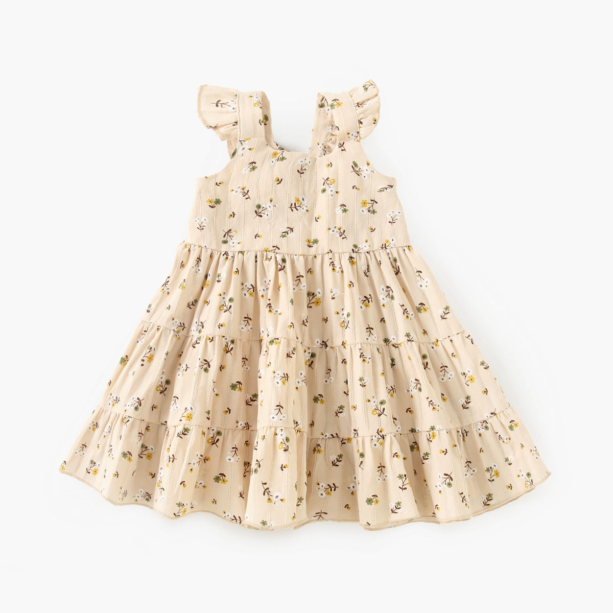 A beautiful baby girls' summer dress featuring a floral pattern and princess straps in white, yellow, and apricot colors.