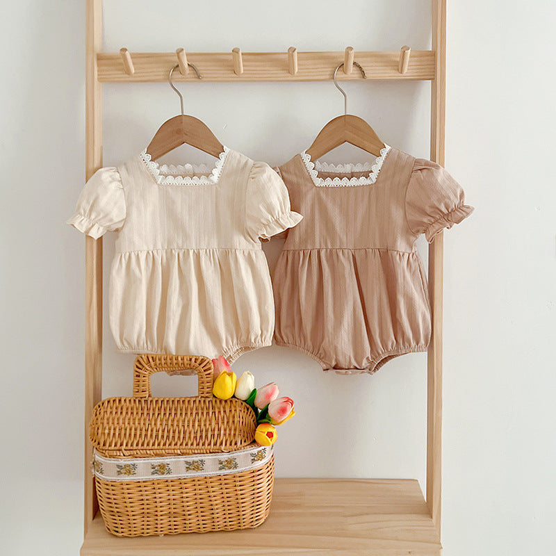 Summer New Arrival Baby Girls Plain Short Sleeves Square Neck Onesies in beige and brown colors, made from cotton and polyester.