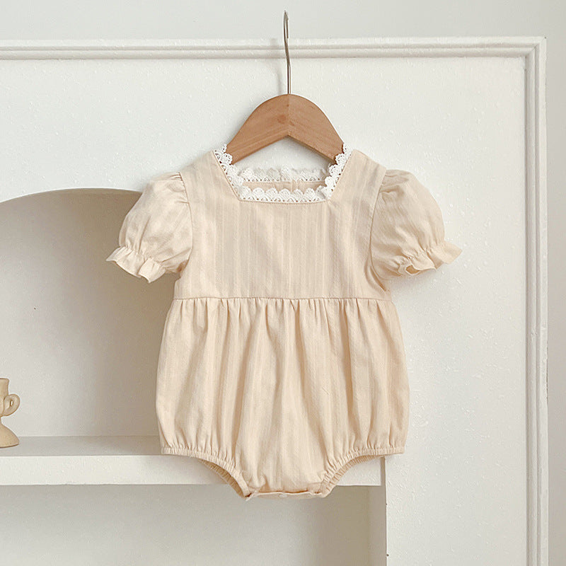 Summer New Arrival Baby Girls Plain Short Sleeves Square Neck Onesies in beige and brown colors, made from cotton and polyester.