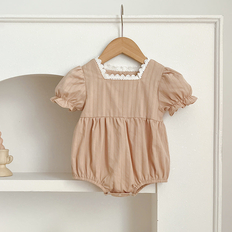 Summer New Arrival Baby Girls Plain Short Sleeves Square Neck Onesies in beige and brown colors, made from cotton and polyester.