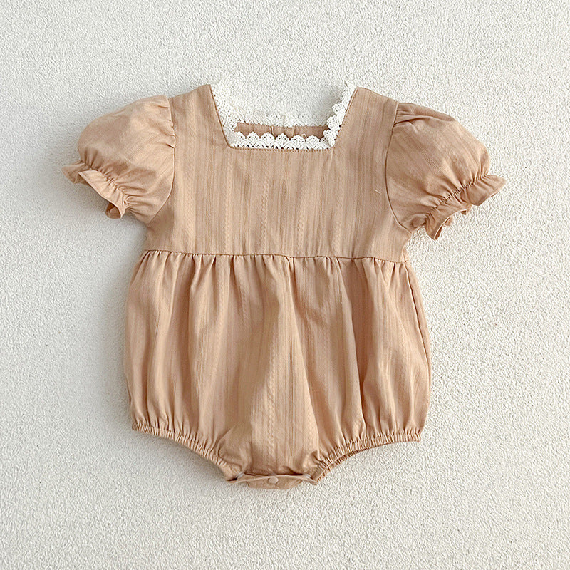 Summer New Arrival Baby Girls Plain Short Sleeves Square Neck Onesies in beige and brown colors, made from cotton and polyester.