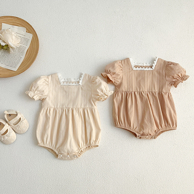 Summer New Arrival Baby Girls Plain Short Sleeves Square Neck Onesies in beige and brown colors, made from cotton and polyester.