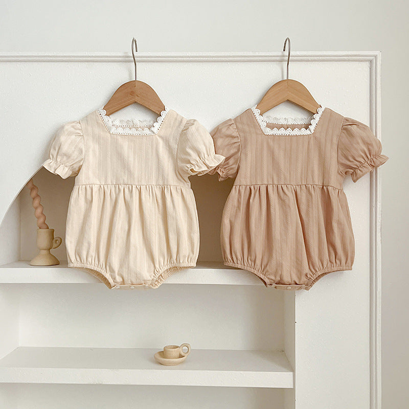 Summer New Arrival Baby Girls Plain Short Sleeves Square Neck Onesies in beige and brown colors, made from cotton and polyester.