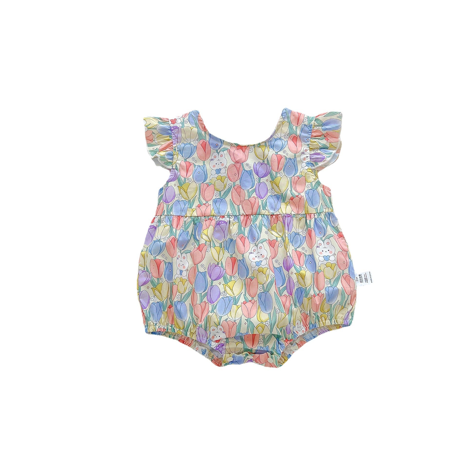 A cute purple dress for baby girls featuring a rabbits and flowers print with fly sleeves, perfect for summer outings.