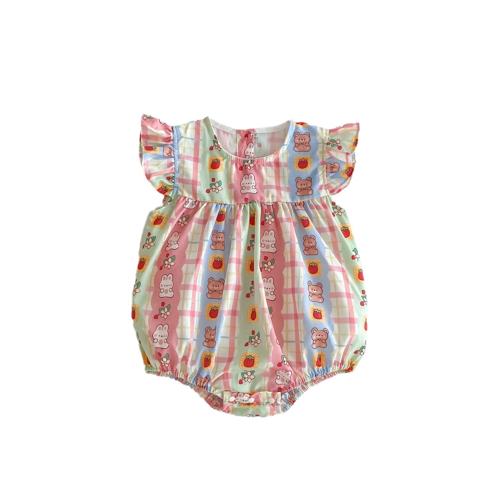 A cute summer outfit for baby girls featuring a rabbits print and plaid design with fly sleeves, perfect for warm weather.