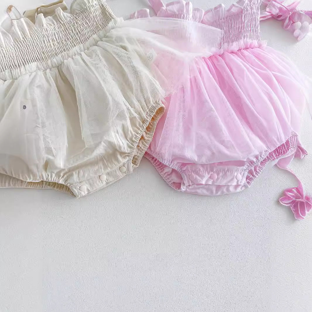 Summer New Arrival Baby Girls Sleeveless Solid Color Pleated Strap dress in pink and beige, made from cotton and polyester.