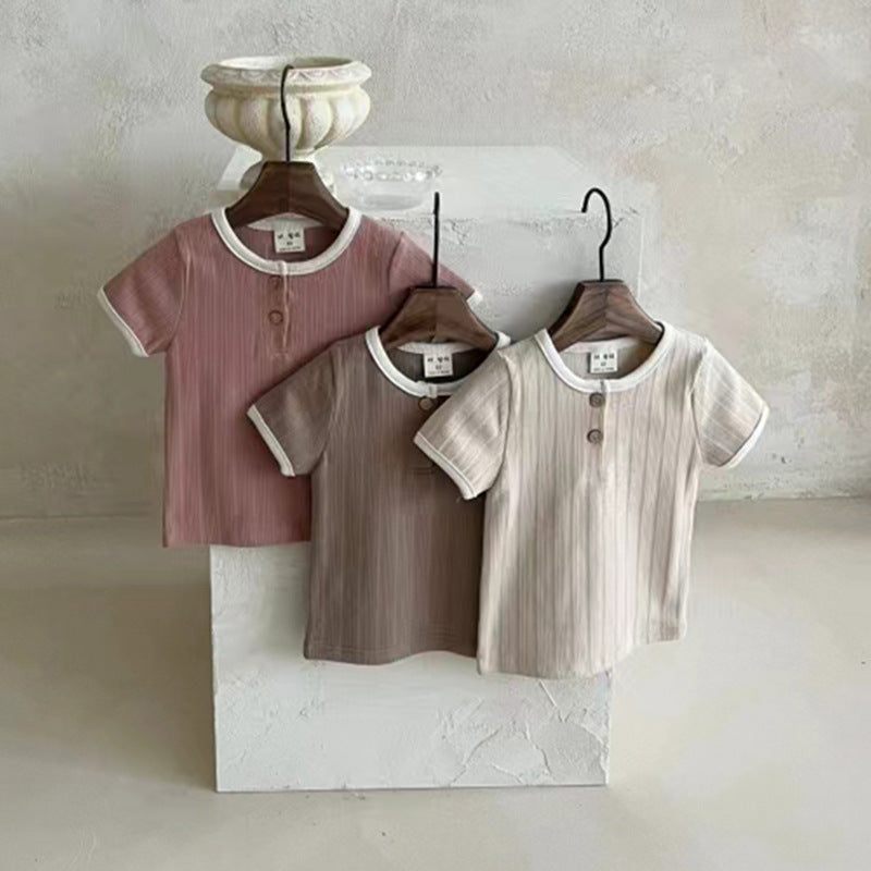 Summer New Arrival Baby Unisex Crew Neck Short Sleeves in pink, beige, and brown colors, designed for comfort and style.