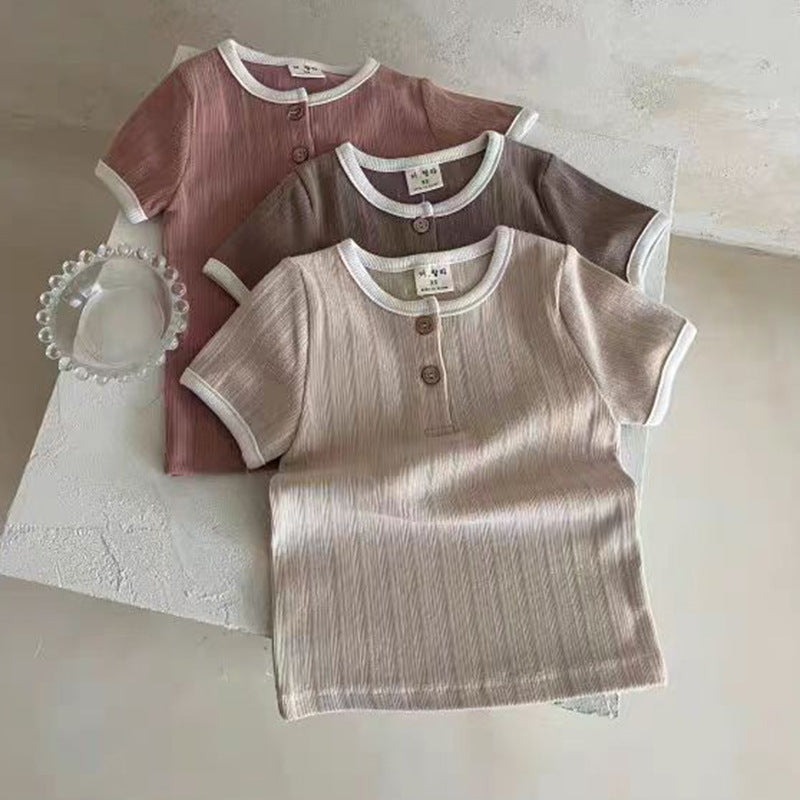 Summer New Arrival Baby Unisex Crew Neck Short Sleeves in pink, beige, and brown colors, designed for comfort and style.