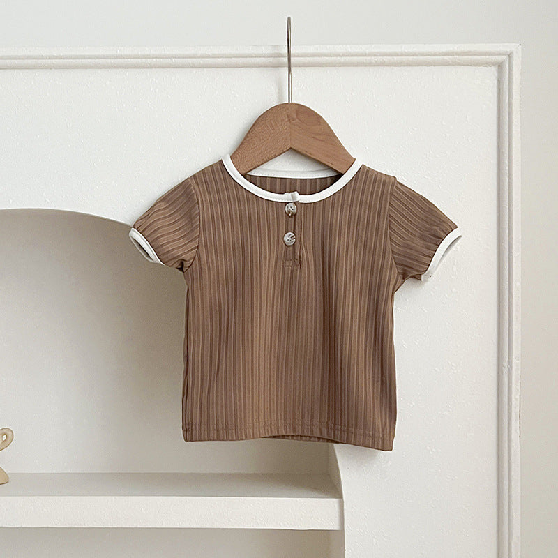 Summer New Arrival Baby Unisex Crew Neck Short Sleeves in pink, beige, and brown colors, designed for comfort and style.