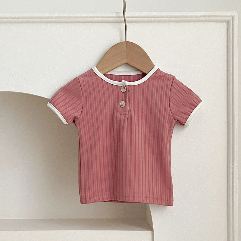 Summer New Arrival Baby Unisex Crew Neck Short Sleeves in pink, beige, and brown colors, designed for comfort and style.